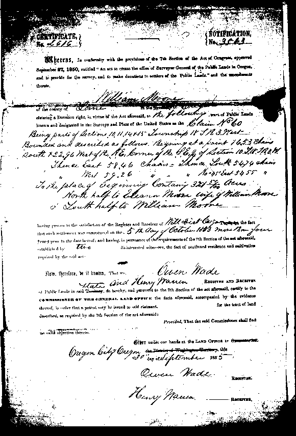 Donation Land Claim filed by William and Eleanor Moore on site that would become Lane Community College, 1853-1855.