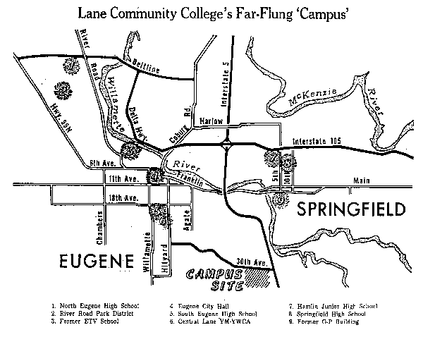 Map of Eugene and Springfield showing locations in which classes were held Eugene Register-Guard, October 24, 1965