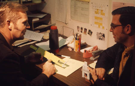 Men with slide rules Ed Seabloom, left 1970