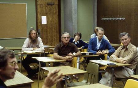 Math Department meeting, (l-r) Tom Reimer, Robert Thompson, John Loughlin, Joyce Fish, Richard Coalwell, Leland Halberg 1979