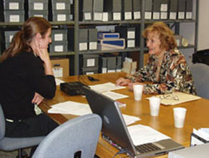 Joyce Salisbury with interviewer Tiah Edmunson-Morton in the Lane Community College Archives, 2005.
