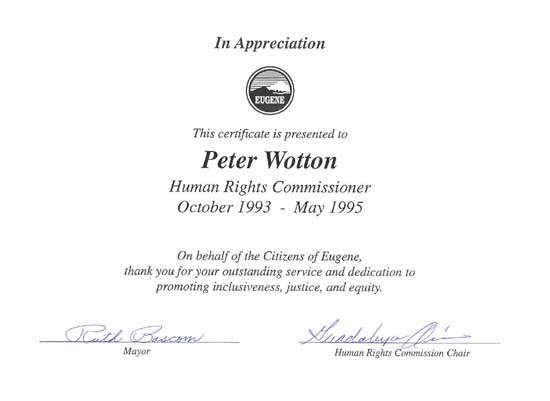 Certificate from Eugene Human Rights Commission