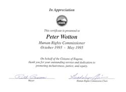 Certificate of Appreciation Eugene Human Rights Commission