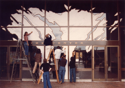 'Islands of Memory' by Tenold Peterson and students - Installing the stained glass 'Islands of Memory' by Tenold Peterson and students - Installing the stained glass