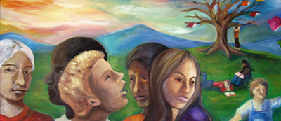 'Diversity Is Strength' by Jennifer Parks and Caroline Porter - left panel - children are standing, sitting, and reading near a tree with books flying out of it's branches 