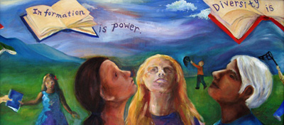 'Diversity Is Strength' by Jennifer Parks and Caroline Porter - center panel - Children look up to see flying books in the sky 