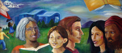 'Diversity Is Strength' by Jennifer Parks and Caroline Porter - right panel - Woman reading a book to child blue sky, sun is out - yellow book is flying through the air