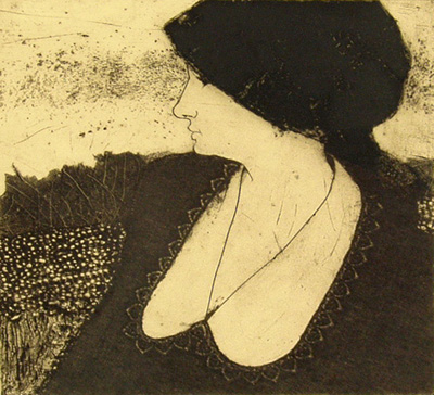 'Memory' print by an Unknown Artist  - Woman with black hair and a black dress looking into the distance