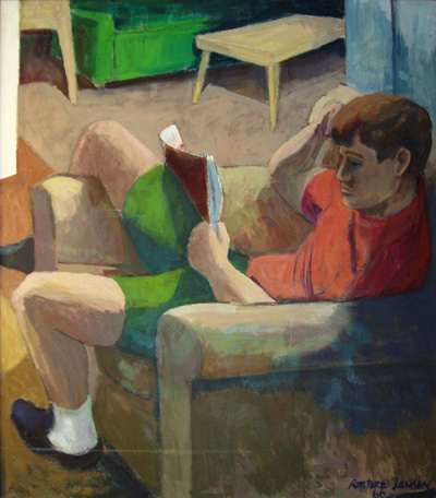 Painting of a man wearing an orange shirt and green pants sitting in a brown chair reading a book 