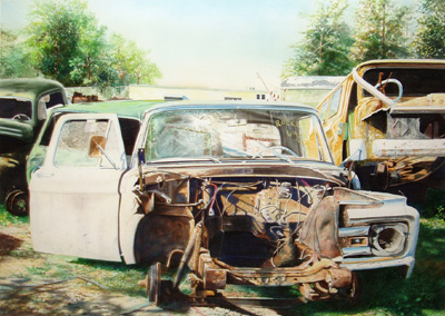 A water color painting of old crushed and rusted cars. Painted with water color, it is 28 x 36 inches
