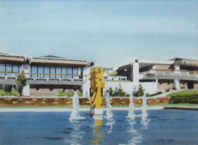 'Yellow Sculpture in Fountain' Print with water colors added by Wilson Gray 'Yellow Sculpture in Fountain' Print with water colors added by Wilson Gray