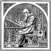 Illustration of a man drawing and writing at a drafting table