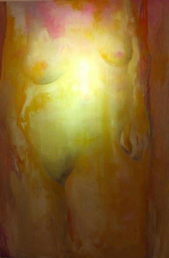 painting of a nude women's body with faint details in yellows, oranges and pinks