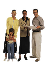 three adults with a child working with a document