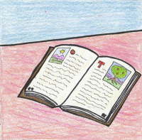 Jaeci Hall artwork - drawing of book with illustrations