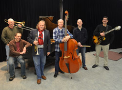 picture of Lane Jazz Faculty Members (L-R) Ron Bertucci, Matthew Svoboda, Dave Bender, Nate Waddell, Randy Rollofson, Olem Alves