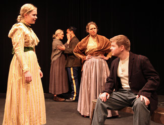Jacob rejects Maizey's marriage proposal; L-R Maizey, Laurel, Bridegroom, Elsa, Jacob