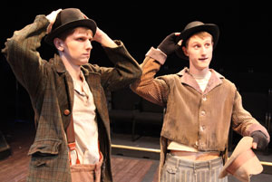 Caleb Hunter (Estragon) and Jona Edwards (Vladimir) rehearse a scene from Samuel Beckett’s “Waiting for Godot”