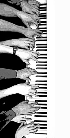 many fingers on piano keys