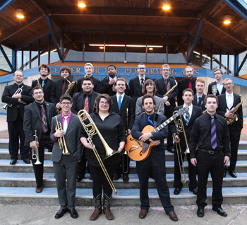 The Lane Jazz Ensemble on stair in front of the Performance building