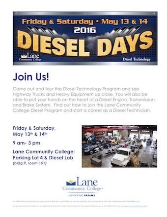 Diesel Days poster - May 13 & 14 main campus 9am-3pm
