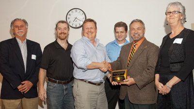 From left: Byron Glidden, ORI Administrative Director; Josh Burt, ORI Systems Administrator and Intern Supervisor; Mike Joyce, ORI IT Manager; Andrew Guess, ORI Systems Administrator and Intern Supervisor; Al King, LCC Cooperative Education Division Dean; and Mary Ditson, LCC Cooperative Education Coordinator. Photo by Dan Welton.