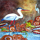 colorful image of birds by stream with fish and frogs