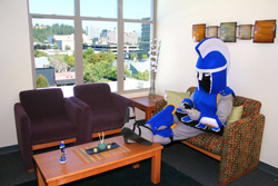 Ty the Titan mascot relaxes in a student apartment