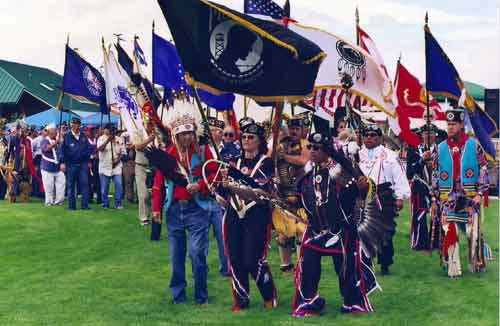 Native American procession with flags