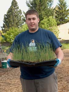 Man with gloves holding planter with grass.