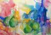 'Green Pears and Blue Bottle' a water color painting by Floyd C. Wilson
