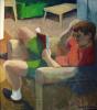 Painting of a man wearing an orange shirt and green pants sitting in a brown chair reading a book 