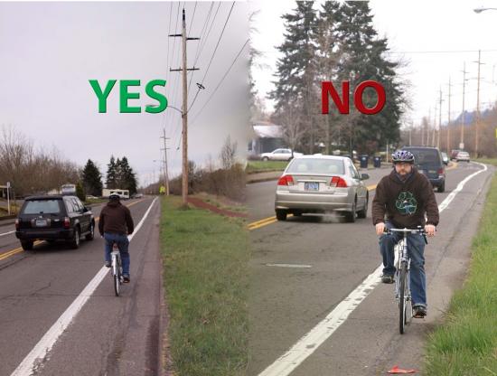 bicycle rider demonstrating correct and incorrect way to ride with traffic